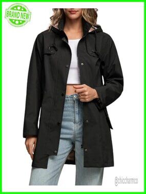 Women's Waterproof Lightweight Hooded Rain Jacket Long Lined Windbreaker